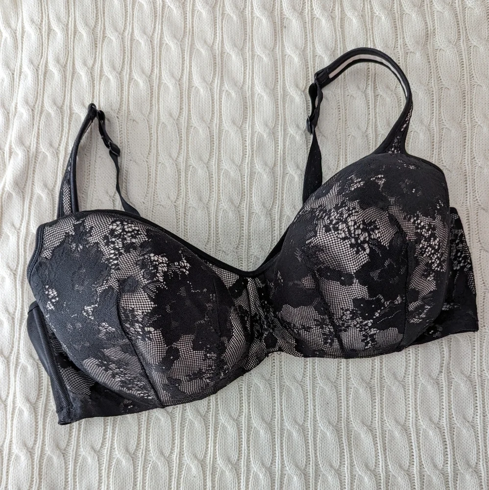 Cacique Balconette Underwire Bra 46DD Black Nude Lightly Padded‎ Cu…